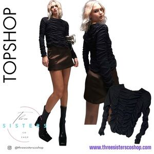 ASOS Topshop ruched long sleeve shirred top in black